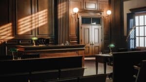 Empty courtroom prepared for a violent crime trial in Michigan
