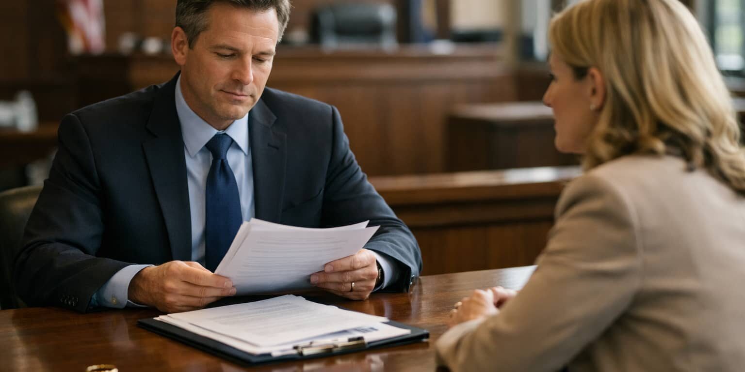 Michigan divorce attorney reviewing divorce paperwork with client inside courthouse before final hearing