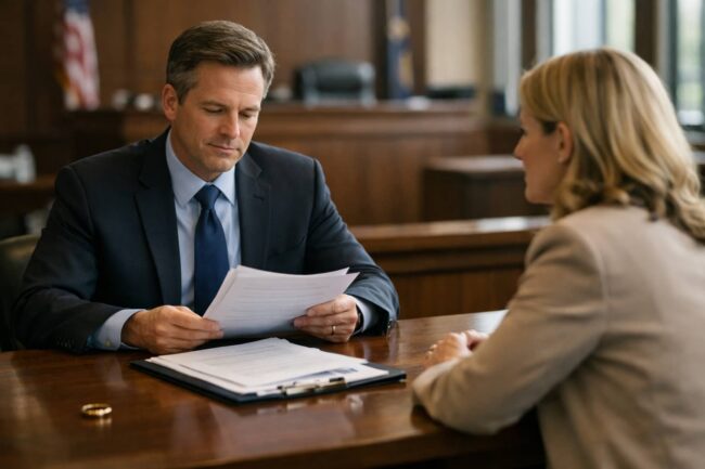 Michigan divorce attorney reviewing divorce paperwork with client inside courthouse before final hearing