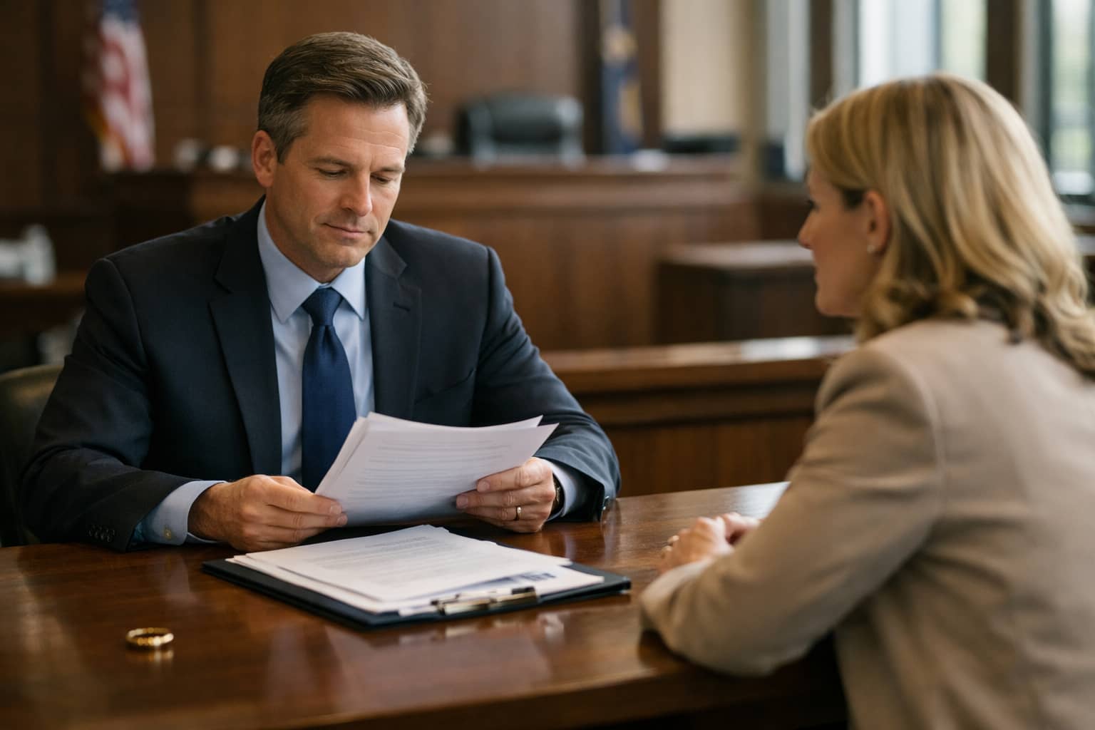 Michigan divorce attorney reviewing divorce paperwork with client inside courthouse before final hearing